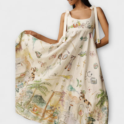 Juliette - Malovaná midi šaty z lnu s baletním páskem