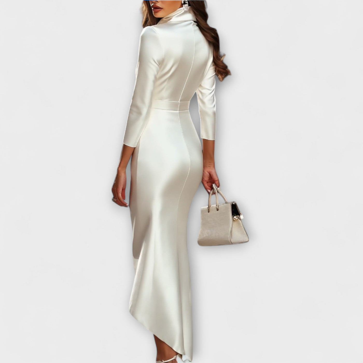 Rebecca - Elegantní bílá saténová midi šaty s výstřihem do V