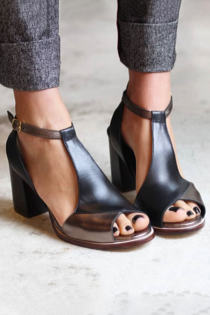 Nadaria | Černé sandály peep toe s patchworkem a podpatkem