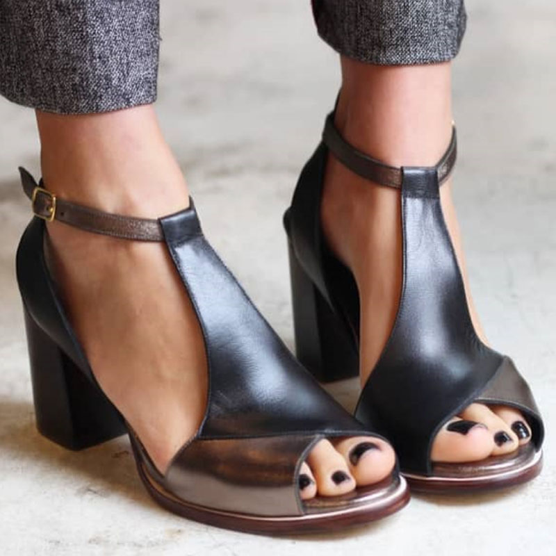 Nadaria | Černé sandály peep toe s patchworkem a podpatkem